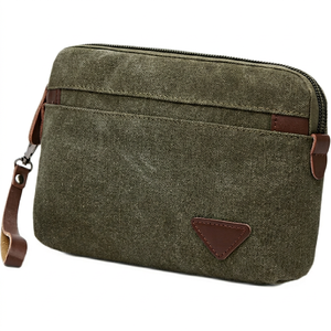 Fazmax Corporation Olive Green Canvas Clutch with Brown Leather Trim and Wrist Strap <b>Zip</b> Around <b>Wallet</b> Model A47 - Product Image 1