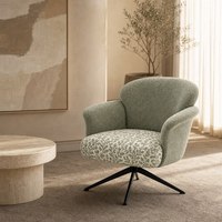 Fauteuil d'appoint en tissu avec dossier incurvé, accoudoirs rembourrés, coussin floral, base pivotante en métal noir, chaise longue réglable