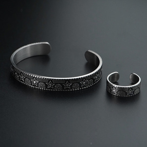 Ensemble de bijoux vintage : Bracelet étoile à cinq branches élégant en acier inoxydable sterling, manchette tendance pour hommes et femmes, bague jonc - Product Image 6