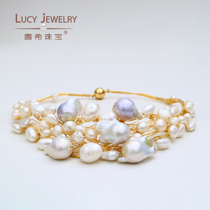 Venta caliente 14K oro relleno hecho a mano cadena de eslabones suaves barroco <span class=keywords><strong>multicolor</strong></span> collar de perlas naturales y gargantilla conjunto para novias - Product Image 2