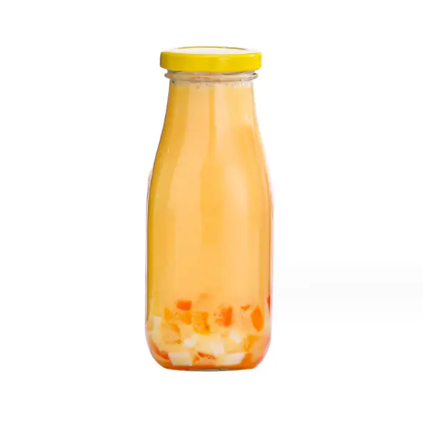 Wholesale clear square 330ml glass juice bottle with metal lid and straw for milk cold beverage drinking