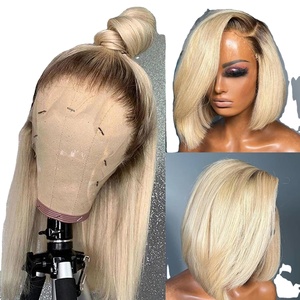 Peluca de <span class=keywords><strong>Cabello</strong></span> Humano Liso Ombre de 16 Pulgadas Sin Pegamento, Peluca Frontal de Encaje 13x4 Sin Pegamento, Nudos Decolorados, Raíces Oscuras Pre-Arrancadas 1B/613 - Product Image 1