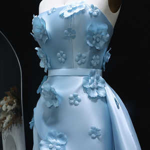 Untuk SF274 sabuk biru mengkilap Satin 3D bunga kristal bulu pinggang alami putri duyung panjang lantai pesta Prom gaun malam - Product Image 4