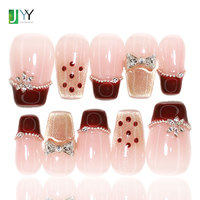 Uñas postizas de lujo negras con punta francesa y lazo 3D, hechas a mano, de gel, estilo ataúd, a granel, kit completo de uñas acrílicas con diamantes de imitación.