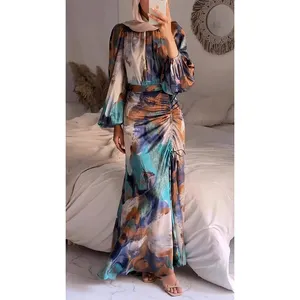 2023 spring autumn women new abaya dress o-neck pleated waist slimming fit dress long-sleeved printing muslim dress for women