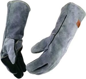 Gants de travail pour barbecue et soudure, résistants à la chaleur, en cuir de vachette pleine fleur, 14 pouces, certifiés EN407 CE, doublés coton - Product Image 1