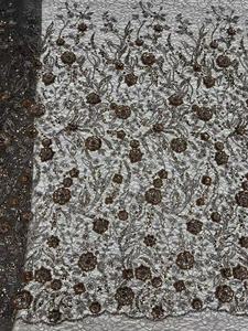 Tela de encaje floral 3D vintage K/C con cuentas y <span class=keywords><strong>lentejuelas</strong></span> de malla de peso medio para vestido de noche de boda africano Aso Ebi Dubai - Product Image 3