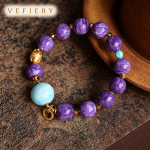 Purple Charoite <b>Beaded</b> Bracelet with <b>Turquoise</b> Accent and Gold Tone Spacers - Product Image 4