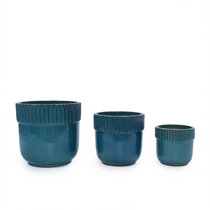 Ensemble de 3 pots de fleurs en céramique Mdj, design côtelé verni, pour l'intérieur et l'extérieur, style moderne minimaliste - Product Image 3
