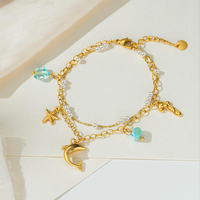 Pulsera de Acero Inoxidable de Doble Capa con Dijes de Delfín y Estrella de Mar, Chapada en Oro PVD de 18K, Resistente al Deslustre, Joyería Impermeable para Viajes a la Playa
