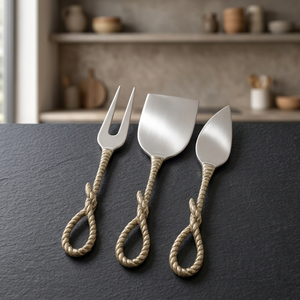 Juego de utensilios para servir queso de acero inoxidable con asas de cuerda creativas, acabado cepillado, que incluye tenedor, espátula, cuchara y juego de cuchillos para queso, apto para lavavajillas. - Product Image 2