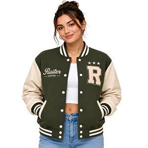 Veste universitaire pour femme, vert beige, avec lettre R brodée, style preppy, coupe classique, logo sur le devant - Product Image 1