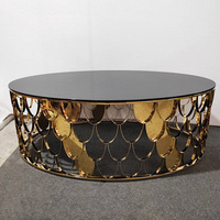 Table basse contemporaine en marbre circulaire, acier inoxydable et verre, meubles de salon