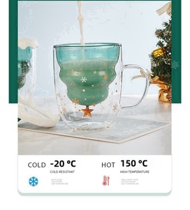 Taza de café de vidrio de borosilicato con forma de árbol de <span class=keywords><strong>Navidad</strong></span> de 10oz al por mayor, vasos de leche con aislamiento de doble pared con tapa y Asa - Product Image 3