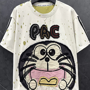 Camiseta de gato <span class=keywords><strong>robot</strong></span> de dibujos animados para mujer, diseño rasgado, manga corta, camiseta versátil informal holgada a la moda - Product Image 1
