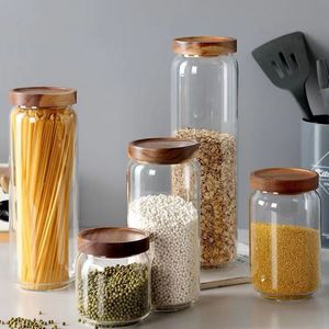 Thủy Tinh Kín Canister Nhà Bếp Lưu Trữ Chai Jar Kín Thực Phẩm Container Dispenser Set Với Nắp Bằng Gỗ Cho Hạt Lưu Trữ - Product Image 5