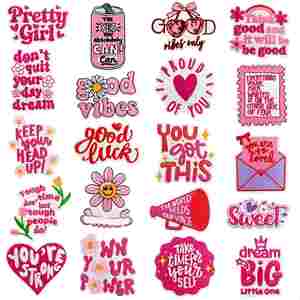 Patch brodé thermocollant écologique, vert frais, bleu, rose, violet clair, avec des phrases et mots inspirants en anglais sur l'énergie positive - Product Image 4