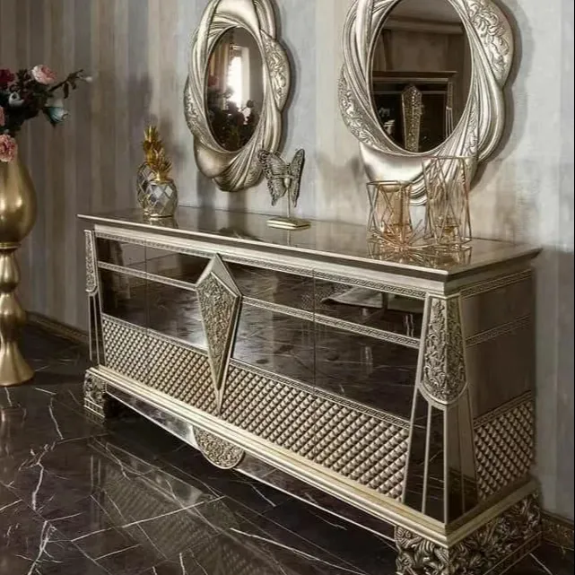 خزانة مطبخ فاخرة إيطالية بإطار مرآة خشبي يوضع على طاولة للمطاعم ذات تصميم حديث وفائقة الجودة وفائقة الوزن وفائقة الجودة لفيلات
