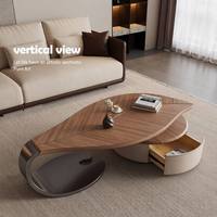 Table basse de designer inspirée des feuilles, table centrale moderne de luxe extensible avec finition piano 4C et tiroir en bois de mélèze russe