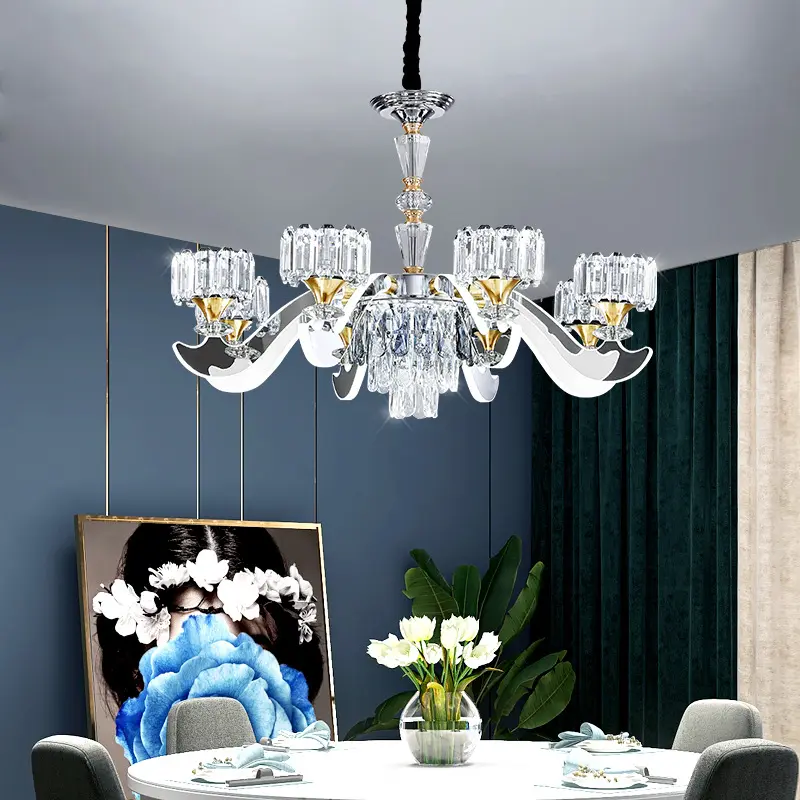 Nuevo estilo europeo K9 cristal sala de estar comedor lámpara elegante ventilador araña