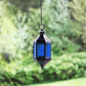 Candelabro colgante de vidrio con estampado azul artesanal de Metal ahuecado Floral Retro de alta calidad de estilo marroquí - Product Image 2