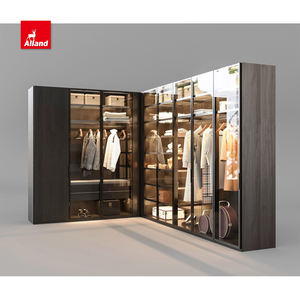 Alland Armoire de luxe moderne en forme de L sur mesure Armoire de promenade encastrée scandinave avec porte en verre Lumière LED Suite Placard - Product Image 6