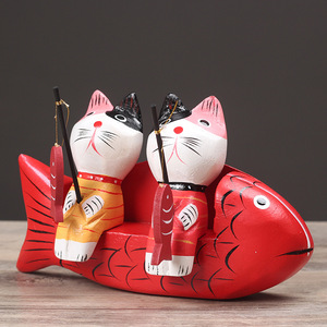Juego de figuras de madera de gatos pescadores, 2 piezas, base de pez roja, estilo japonés, decoración unisex, regalo para mayores de 3 años - Product Image 1