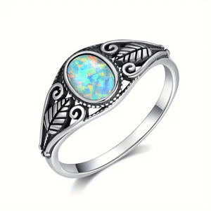 T0948 Women's 925 Sterling <b>Silver</b> <b>Opal</b> <b>Ring</b> Feather Design Antique <b>Silver</b> Plated Bezel Setting Gift Jewelry - Product Image 1