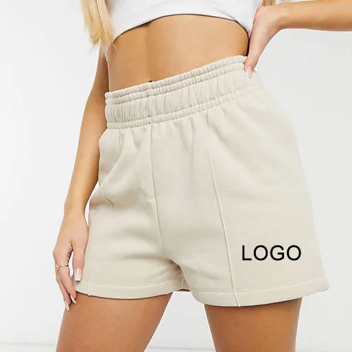 QYOURECLO, Bermudas con logotipo personalizado, cintura alta, verano, correr, entrenamiento, gimnasio, liso, en blanco, Beige, Polar, algodón, pantalones cortos para mujer