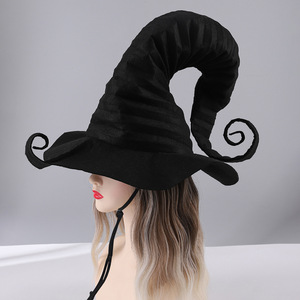 Sombrero de bruja plisado negro de talla única con cordón, accesorio para disfraz de Halloween - Product Image 1