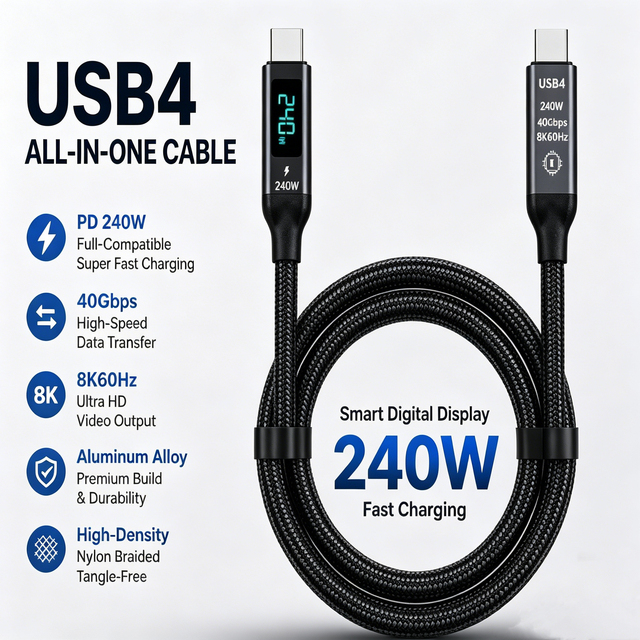 USB4 Type-C Cable Digital Display PD240W 5A Fast Charging 40Gbps 8K60Hz Nylon Braided Cord MacBook Laptop Switch Thunderbolt