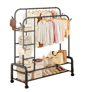 Multifunctional Movable Modern Metal Coat Rack Double-Rod Garment Rack Clothing <b>Storage</b> Shelves Rust-Proof Bedroom Living Room - Product Image 2