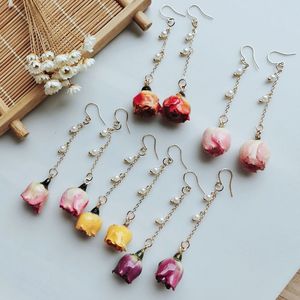 Boucle d'oreille avec <span class=keywords><strong>perle</strong></span> en <span class=keywords><strong>or</strong></span>, plusieurs couleurs, longue <span class=keywords><strong>perle</strong></span> coréenne, vraie fleur de Rose - Product Image 2