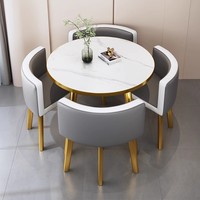 Prix Usine Ensemble Table à Manger à Plateau Rond avec Chaises en Métal, Bois MDF pour Salon Restaurant Bar Bureau 1 Table 4 Chaises