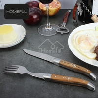 Ensemble de couteaux à steak de style Laguiole à manche en bois d'olivier, 2 pièces, ambidextres, compatibles lave-vaisselle, lames de 4,5 pouces, couteaux à steak et fourchettes