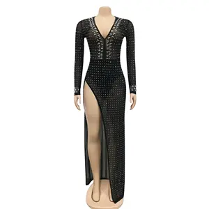 H9531-vestido con diamantes de imitación de manga larga para mujer, ropa de fiesta de alta calidad