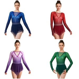 Robe de patinage artistique pour femme, ombrée, avec strass, en Spandex, col en V, manches longues en maille, avec trous pour les pouces, ourlet type mouchoir, pour compétition, personnalisable - Product Image 1