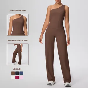 Ensemble 2 pièces de yoga uni pour femme : débardeur asymétrique et leggings taille haute élastiques à jambe droite, respirants - Product Image 2