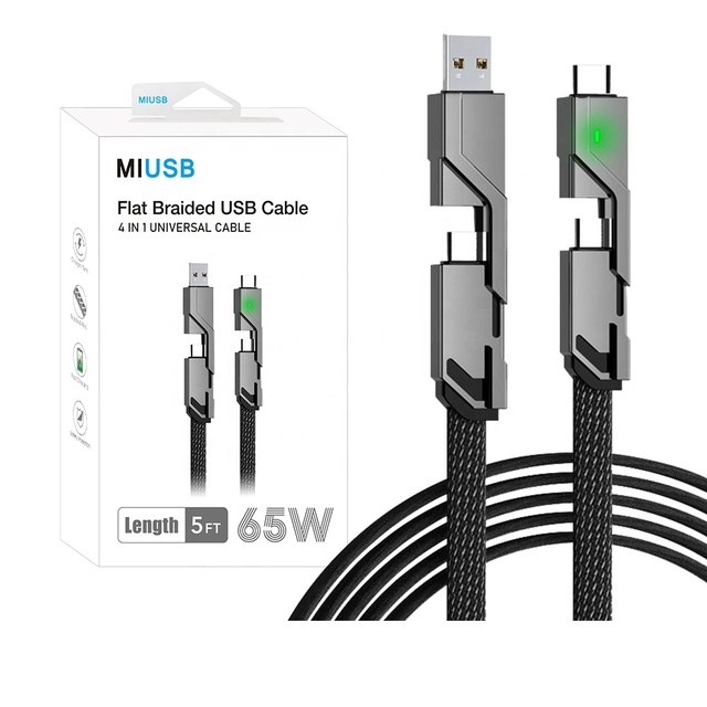 High Quality Multi Function 4 in 1 Usb Cable Type C Data Cable Fast Charging Flat Braided Charger Cord for Phone