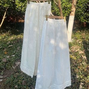 White Wide Leg Pants Lace Trim Mid Waist Breathable Cotton Linen Casual Women's Pants - Product Image 4