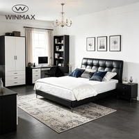 Lit Confortable Moderne et Simple en Cuir Noir Rembourré, Tailles King et Queen, avec Cadre en Bois et Fer pour Chambre et Villa