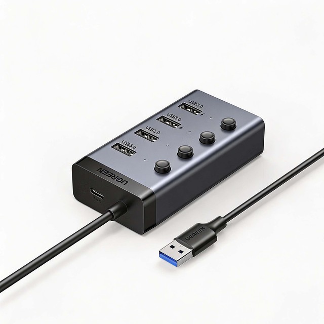UGREEN CM613 USB 3.0 Hub 4 Ports Individual On Off Switch 1M Cable Type C DC 5V 2A Powered USB Splitter For Laptop Desktop
