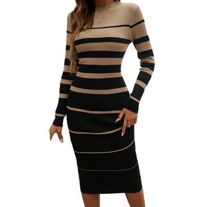 Robes en tricot à manches longues pour femmes, personnalisées en gros, OEM, de haute qualité, pour l'automne et l'hiver, élégantes, ajustées, avec contraste de couleurs - Product Image 5