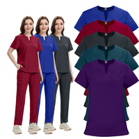 Tenue d'infirmière pour femme, bordeaux, col rond, tissu sergé, multi-poches, infroissable, mélange haute teneur en élasthanne/polyester, pour hôpital