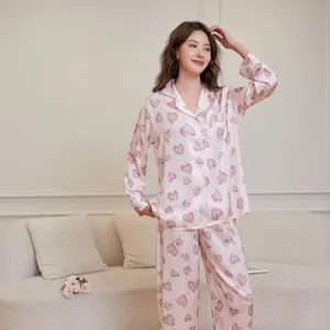 Заводская одежда для сна из 2 предметов с атласным принтом из ледяного шелка, пижама с длинным рукавом, атласные женские пижамные комплекты