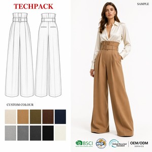 OEM ODM Custom di alta qualità in <span class=keywords><strong>lana</strong></span> estiva formale a vita alta pieghettato anteriore traspirante ufficio <span class=keywords><strong>pantaloni</strong></span> larghi <span class=keywords><strong>donna</strong></span> produttore - Product Image 4