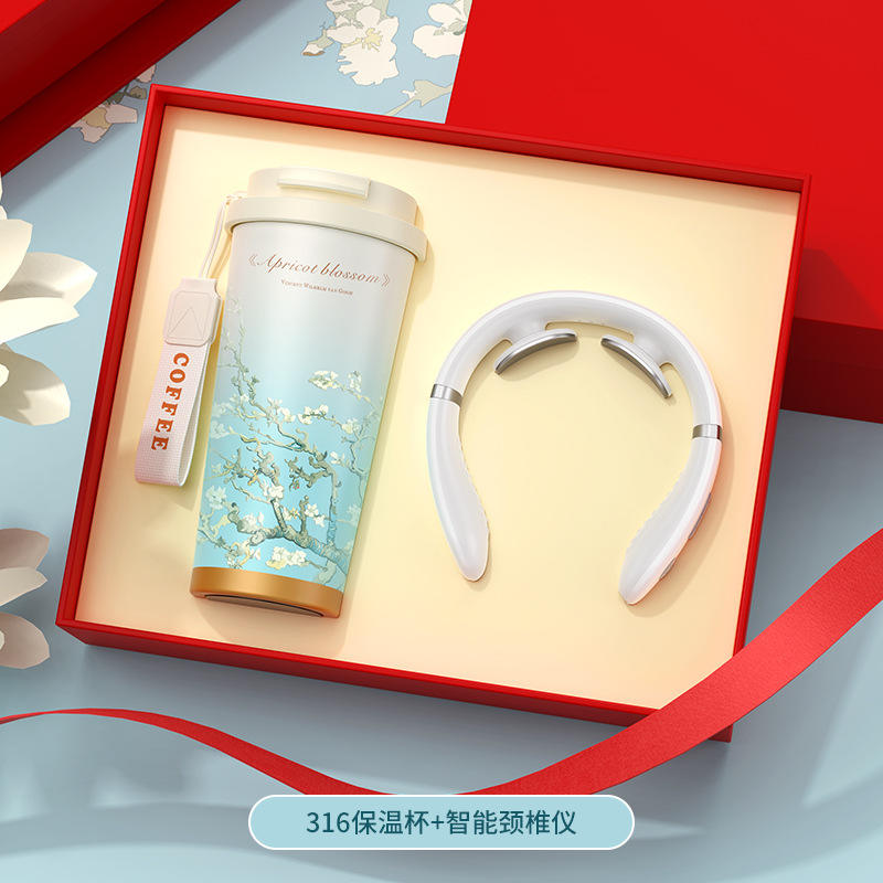 Van Gogh Almond Blossom - Ensemble cadeau de tasse thermos et masseur en acier inoxydable 316 [ensemble de deux pièces]