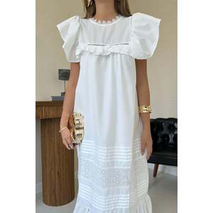 Vestido Blanco con Volantes, Cintura Holgada, Escote con Volantes, Tejido Transpirable, Informal, para Uso Diario - Product Image 1