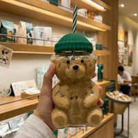 Gobelet en verre Little Bear transparent, de haute qualité, portable, avec couvercle à paille intégré, motif dessin animé mignon, pour lait, boissons et eau, idéal comme cadeau