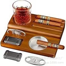 Wooden Cigar Ashtray With Cutter And <b>Lighter</b> Storage For Home Use - Product Image 3